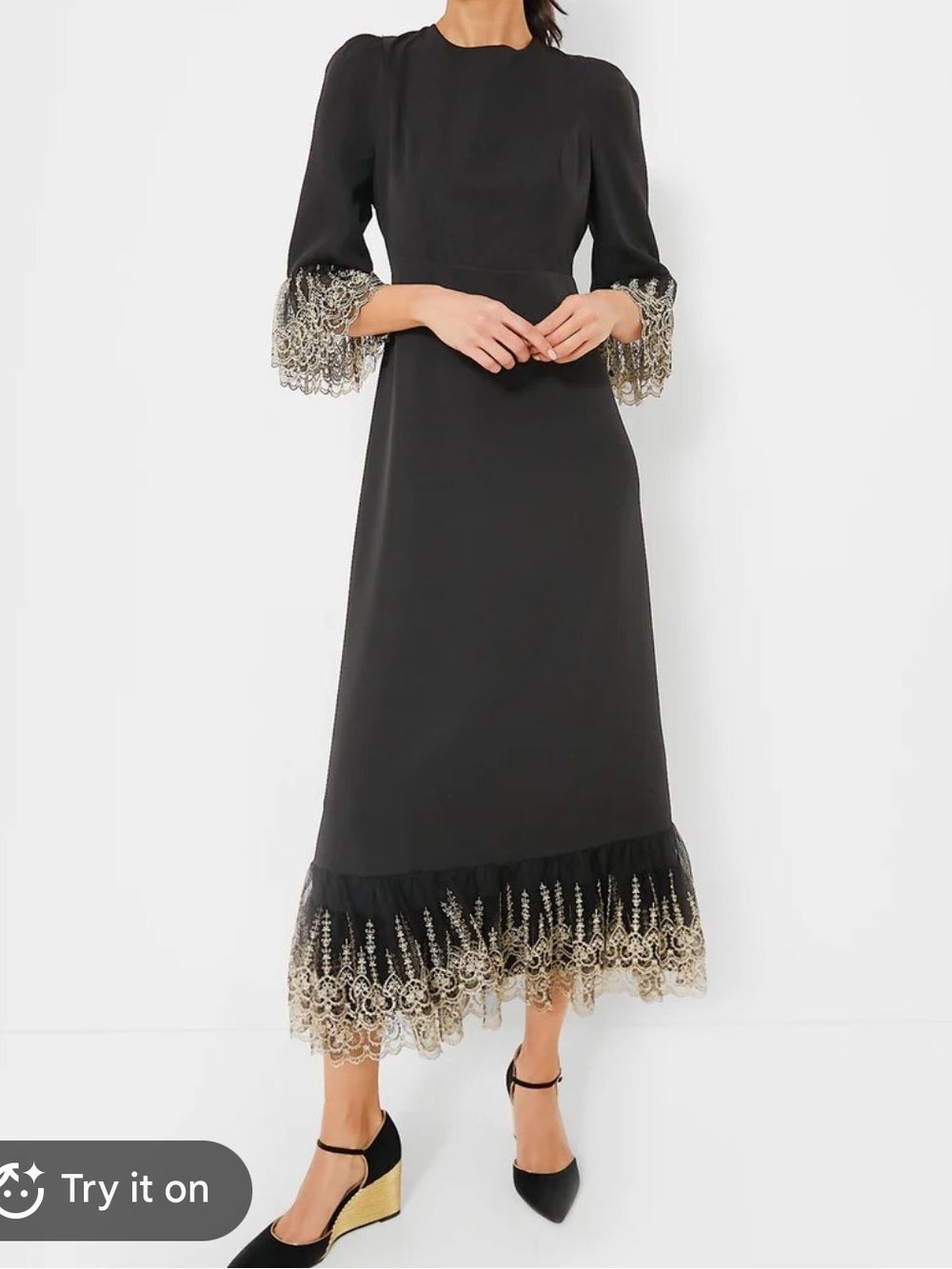 Tuckernuck Pomander Place Lillith Black Gold Embroidered Lace Maxi Dress Size S